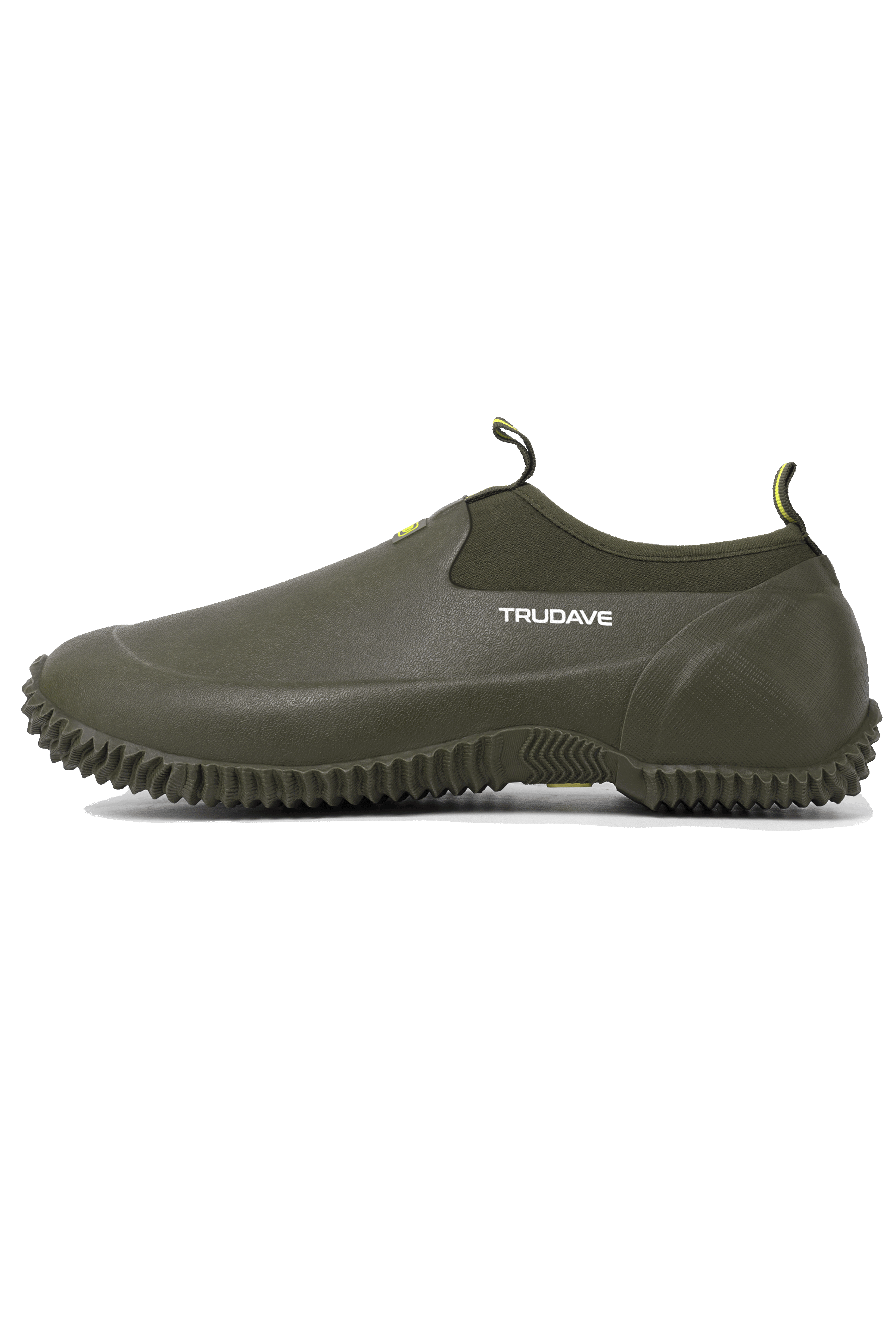 Side view of Trudave GardenStride Series waterproof rubber garden boots in olive green – durable slip-resistant design for gardening, yard work, and outdoor chores